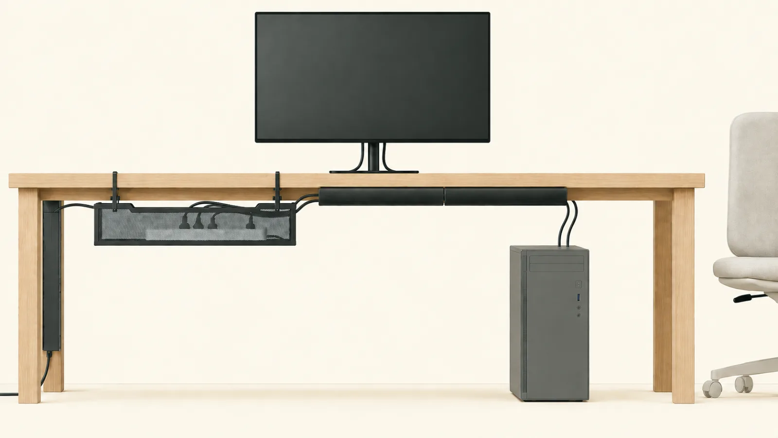 A desk seen straight on: a mesh cable tray clamped under the left of the desktop holding a power strip, and a black raceway along the front edge carrying the cables to it.
