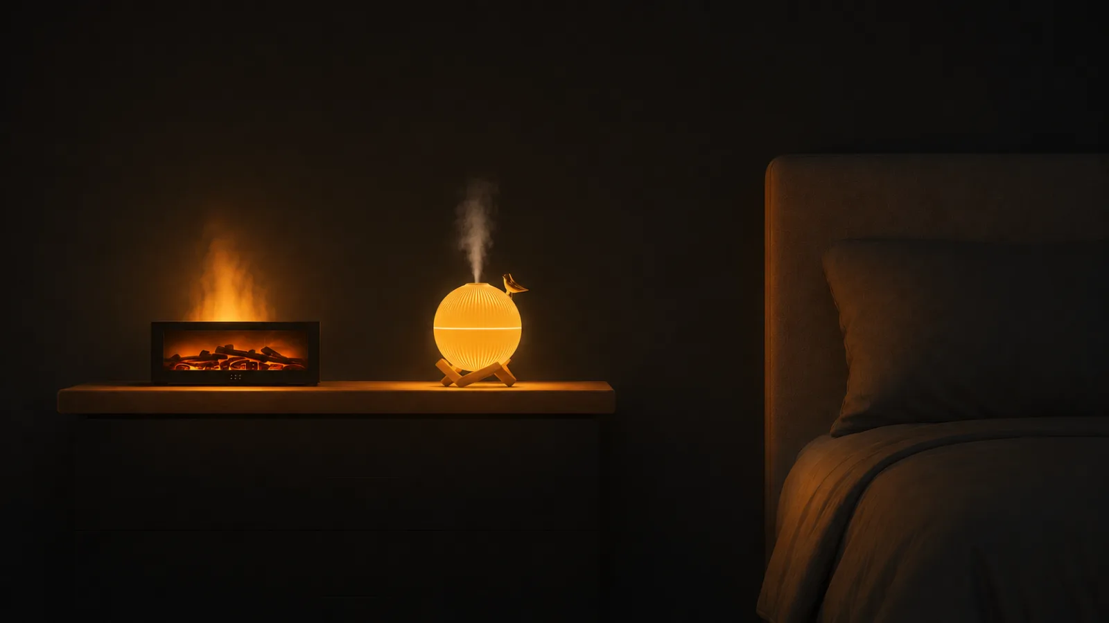 A bedside console after dark. A flame diffuser and a round paper-shade humidifier stand on it, both lit and misting, and they are the only light in the room.
