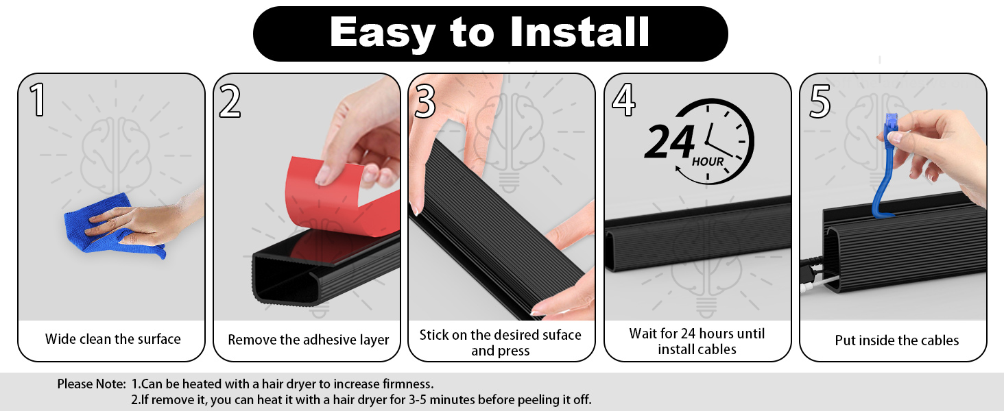 How to install a sticky cable manager on a desk, showing the cable clip being pressed onto the surface and guiding cables neatly into place