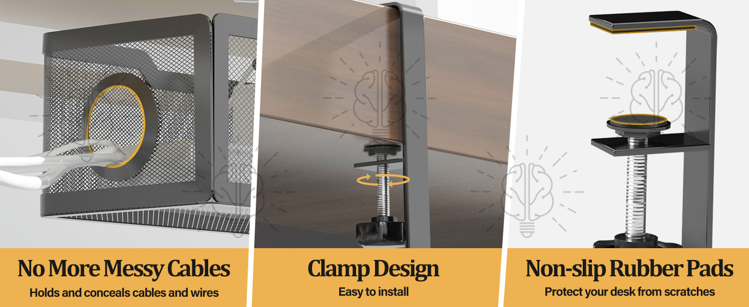 Under-desk cable tray organiser holding and concealing cables and wires, showing an easy installation design that protects the desk surface from scratches.