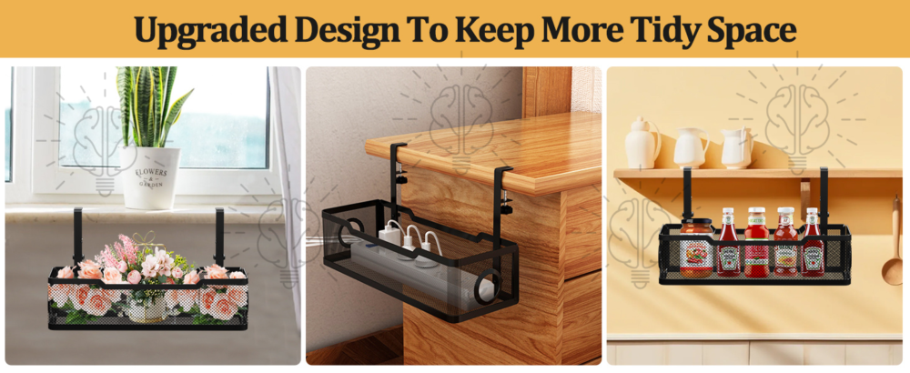 Under-desk cable tray organiser used in living rooms, desktop setups, and kitchens, keeping cables neatly hidden and organised across different spaces.