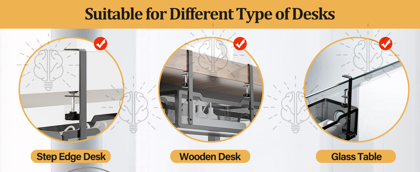 Under-desk cable tray organiser compatible with different setups, shown mounted on step-edge desks, wooden desks, and glass tables.