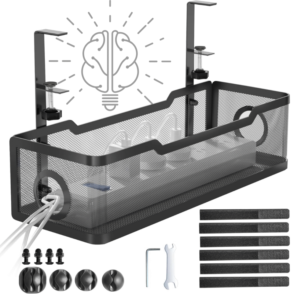 Under-desk cable tray organiser showing a metal cable management tray with 4 cable clips and 6 cable ties included.