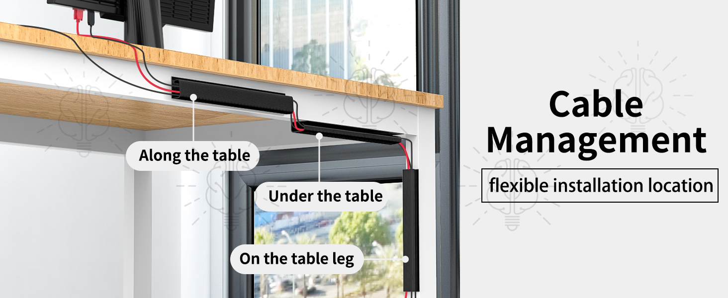 Installation locations for a sticky cable manager, showing it mounted on desk edges, desk legs, and the underside of a desk to route and hide cables