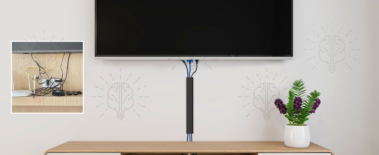 Sticky cable zipper organiser used in a living room TV setup, neatly bundling and hiding TV and media cables behind the console for a clean look.