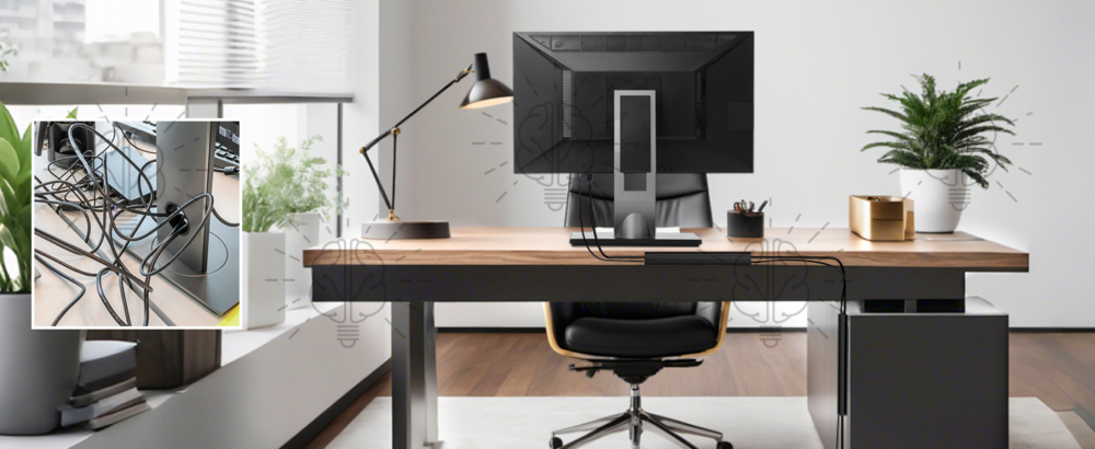 Sticky cable zipper organiser keeping a desktop workspace tidy by neatly grouping and routing cables under the desk for a clean, organised setup.