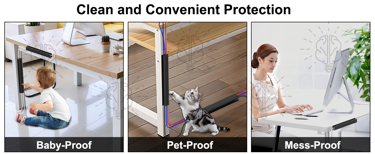 Sticky cable manager installed along desk edge, keeping cables secured and hidden for a baby-proof, pet-safe, mess-free, and clean workspace setup.