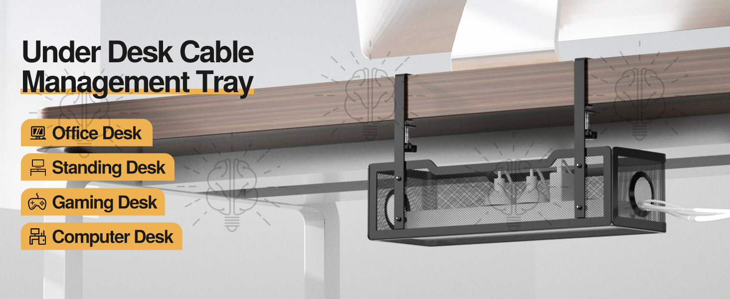 Under-desk cable tray organiser showing a metal cable management tray for office desk, standing desk, gaming desk and computer desk setups