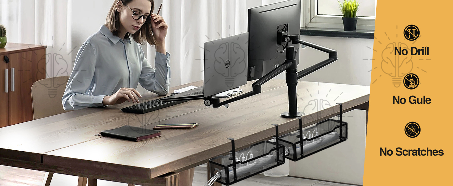 Under-desk cable tray organiser installed without drilling or glue, showing a scratch-free clamp-mounted design that protects the desk surface.