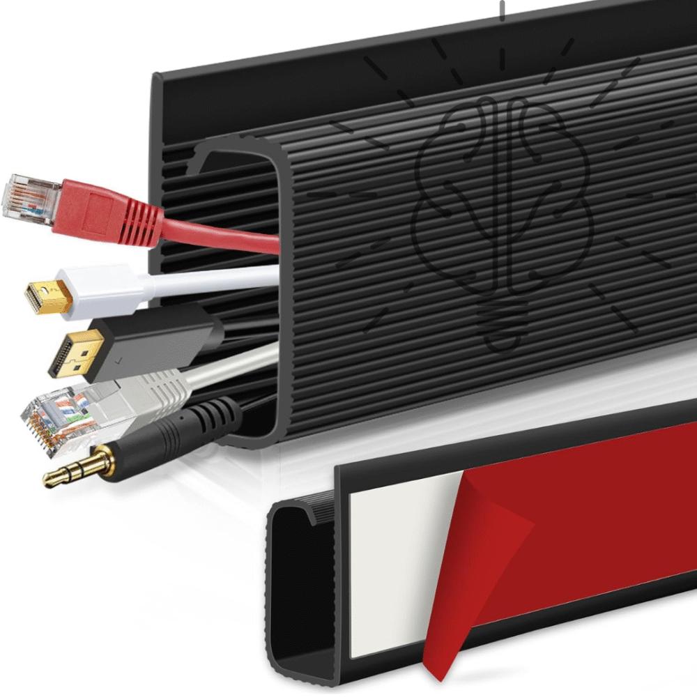 Close-up of black Sticky Cable Manager with its strong adhesive peel