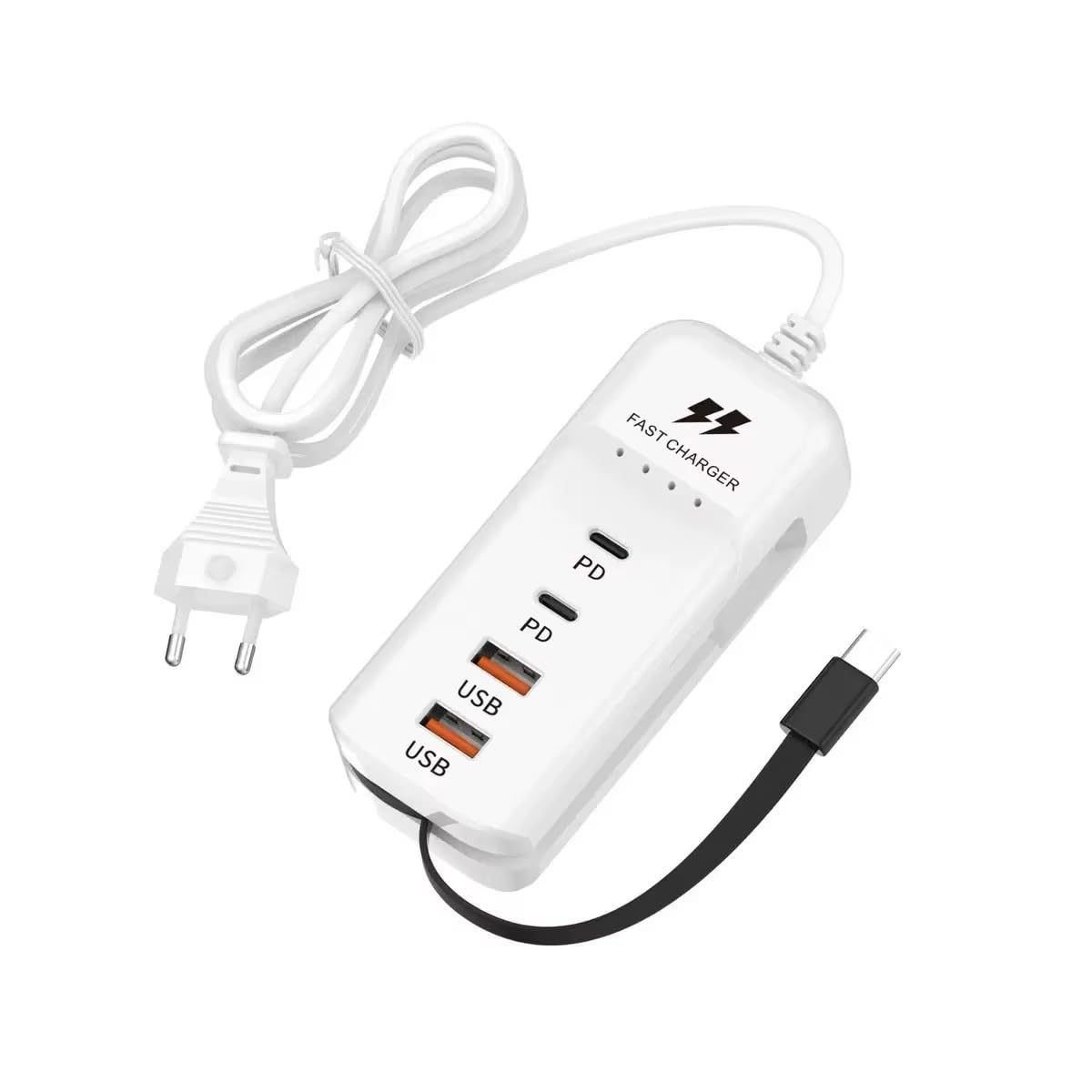 66W Fast Charging Station – 4-Port Travel USB Charger with Built-in Type-C Cable